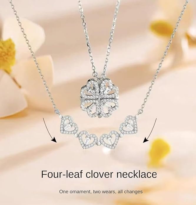 14k Gold Plated 2 in 1 Four Leaf Clover Charm Lucky Necklace Heart Crystal Pendant Necklace Gold Link Valentine's Day Jewelry Gift for Women