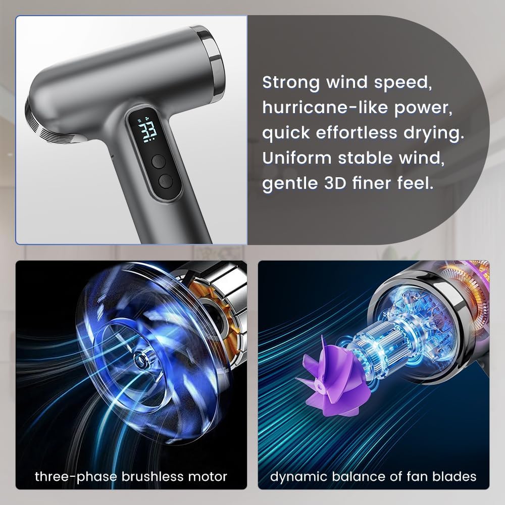 Cordless Rechargeable Hair Dryer, 15000mAh Battery Operated,USB Portable Blow Dryer，3 Adjustable Hot and Cold Air Settings, Used for Travel, Camping, and RV.