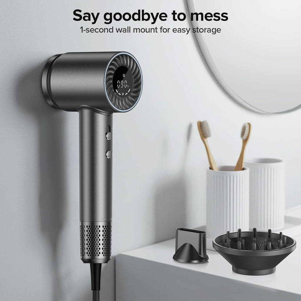 Hair Dryer, 150000 RPM Brushless Motor with 500M Negative Ions, Fast-Dry Lightweight Design, ThermoControl & Magnetic Nozzle/Diffuser, Low Noise Salon Blow Dryer for All Hair, Travel, Home
