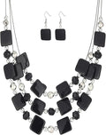 Layered Beaded Statement Necklaces for Women Square Shell Bead Collar Necklace and Earring Set Birthday Gifts Boho Jewelry Sets for Women