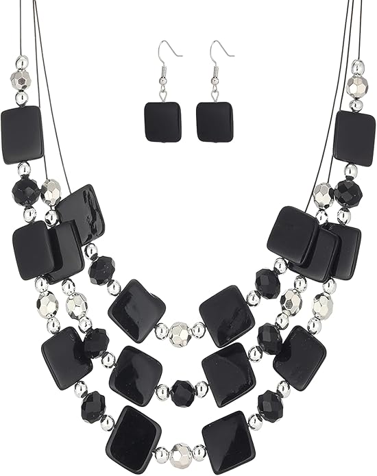Layered Beaded Statement Necklaces for Women Square Shell Bead Collar Necklace and Earring Set Birthday Gifts Boho Jewelry Sets for Women