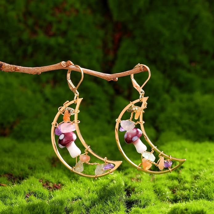 Crescent Moon Mushroom Dangle Earrings, Natural Stone, Gold-Tone, Woodland Style