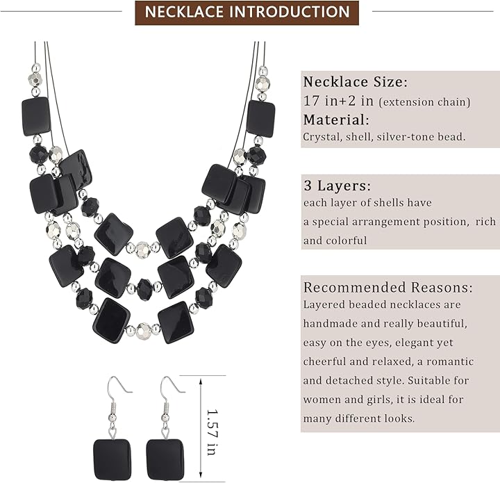 Layered Beaded Statement Necklaces for Women Square Shell Bead Collar Necklace and Earring Set Birthday Gifts Boho Jewelry Sets for Women