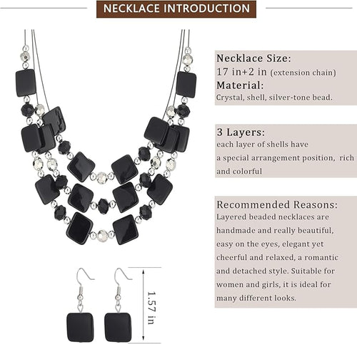 Layered Beaded Statement Necklaces for Women Square Shell Bead Collar Necklace and Earring Set Birthday Gifts Boho Jewelry Sets for Women