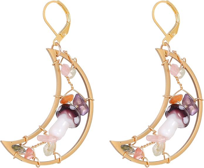 Crescent Moon Mushroom Dangle Earrings, Natural Stone, Gold-Tone, Woodland Style