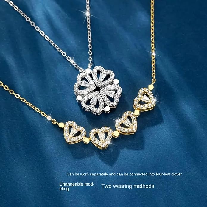 14k Gold Plated 2 in 1 Four Leaf Clover Charm Lucky Necklace Heart Crystal Pendant Necklace Gold Link Valentine's Day Jewelry Gift for Women