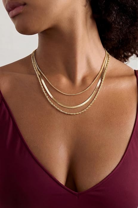 Women's Layered Necklace Set - 3 Piece Dainty Gold Jewelry for Everyday Stacking | 14K Gold Plated Snake Chain, Rope Chain, Cuban Chain | Adjustable Length 14-18.5 Inch | Gift Ready