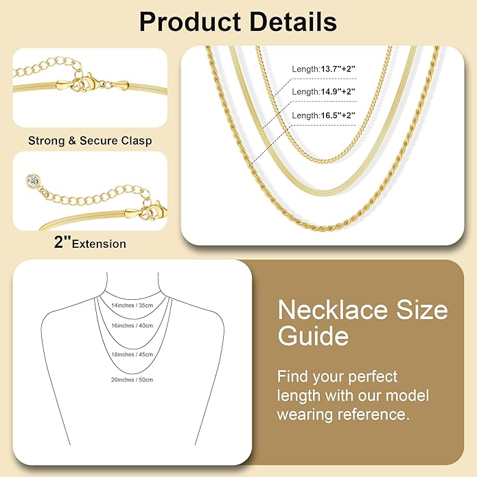 Women's Layered Necklace Set - 3 Piece Dainty Gold Jewelry for Everyday Stacking | 14K Gold Plated Snake Chain, Rope Chain, Cuban Chain | Adjustable Length 14-18.5 Inch | Gift Ready