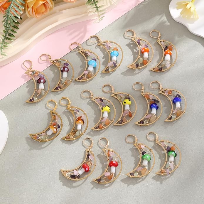 Crescent Moon Mushroom Dangle Earrings, Natural Stone, Gold-Tone, Woodland Style