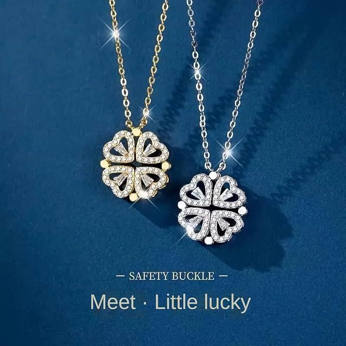 14k Gold Plated 2 in 1 Four Leaf Clover Charm Lucky Necklace Heart Crystal Pendant Necklace Gold Link Valentine's Day Jewelry Gift for Women