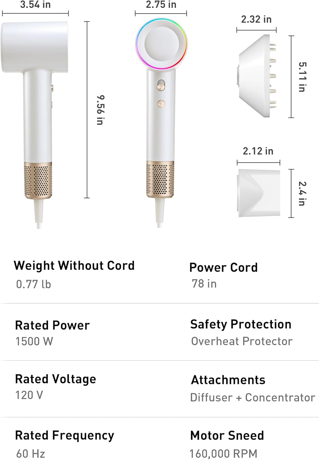 High-Speed Hair Dryer, 160,000 RPM Brushless Motor for Ultra-Fast Drying, 500M Ionic Negative for Frizz Reduce, Low Noise Thermo-Control Blow Dryer with Diffuser for Curly Hair Women and Men,White