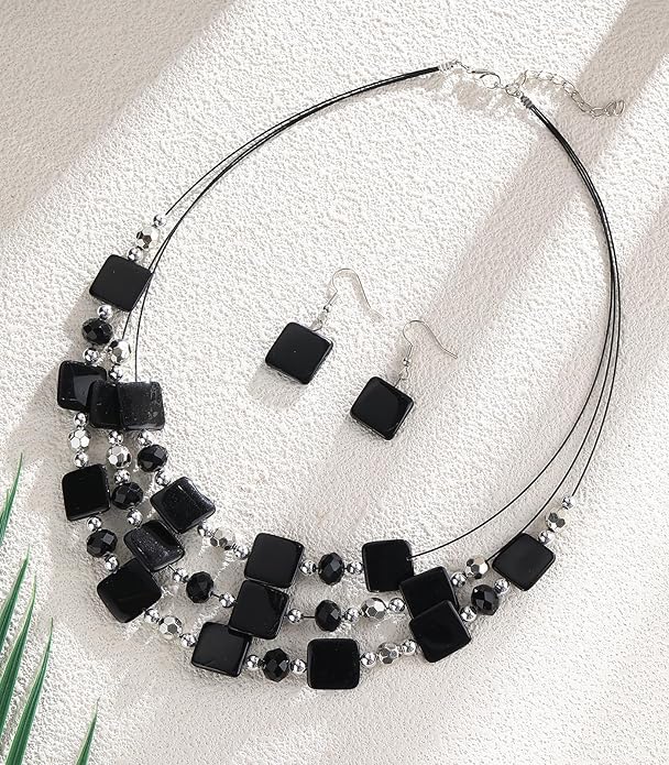 Layered Beaded Statement Necklaces for Women Square Shell Bead Collar Necklace and Earring Set Birthday Gifts Boho Jewelry Sets for Women