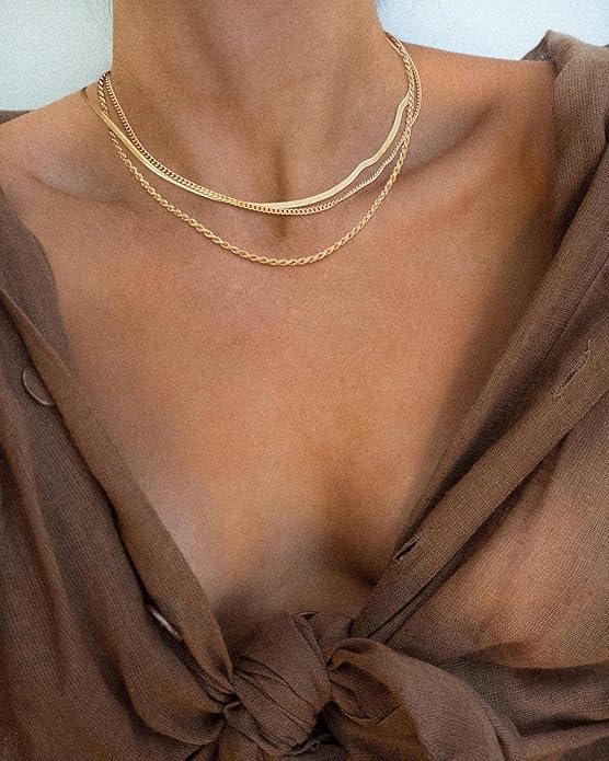 Women's Layered Necklace Set - 3 Piece Dainty Gold Jewelry for Everyday Stacking | 14K Gold Plated Snake Chain, Rope Chain, Cuban Chain | Adjustable Length 14-18.5 Inch | Gift Ready